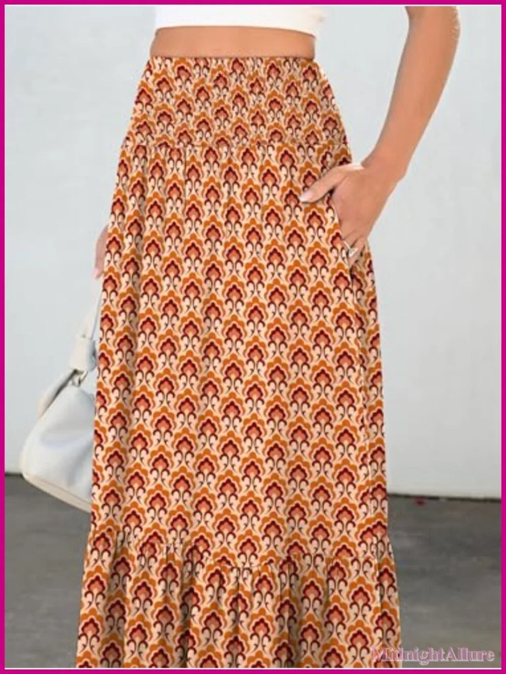 Boho Floral Maxi Skirt, High Waisted Tiered Flowy Beach Skirt with Pockets